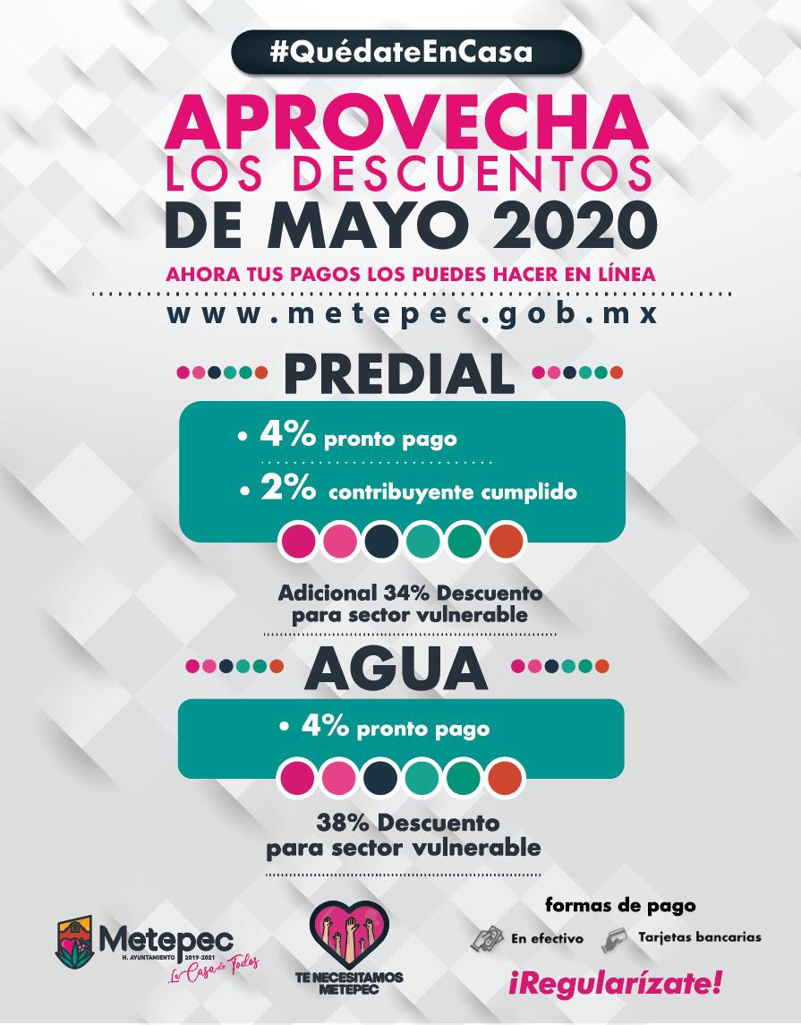 INVITA METEPEC APROVECHAR DESCUENTOS EN PREDIAL Y AGUA DURANTE MAYO