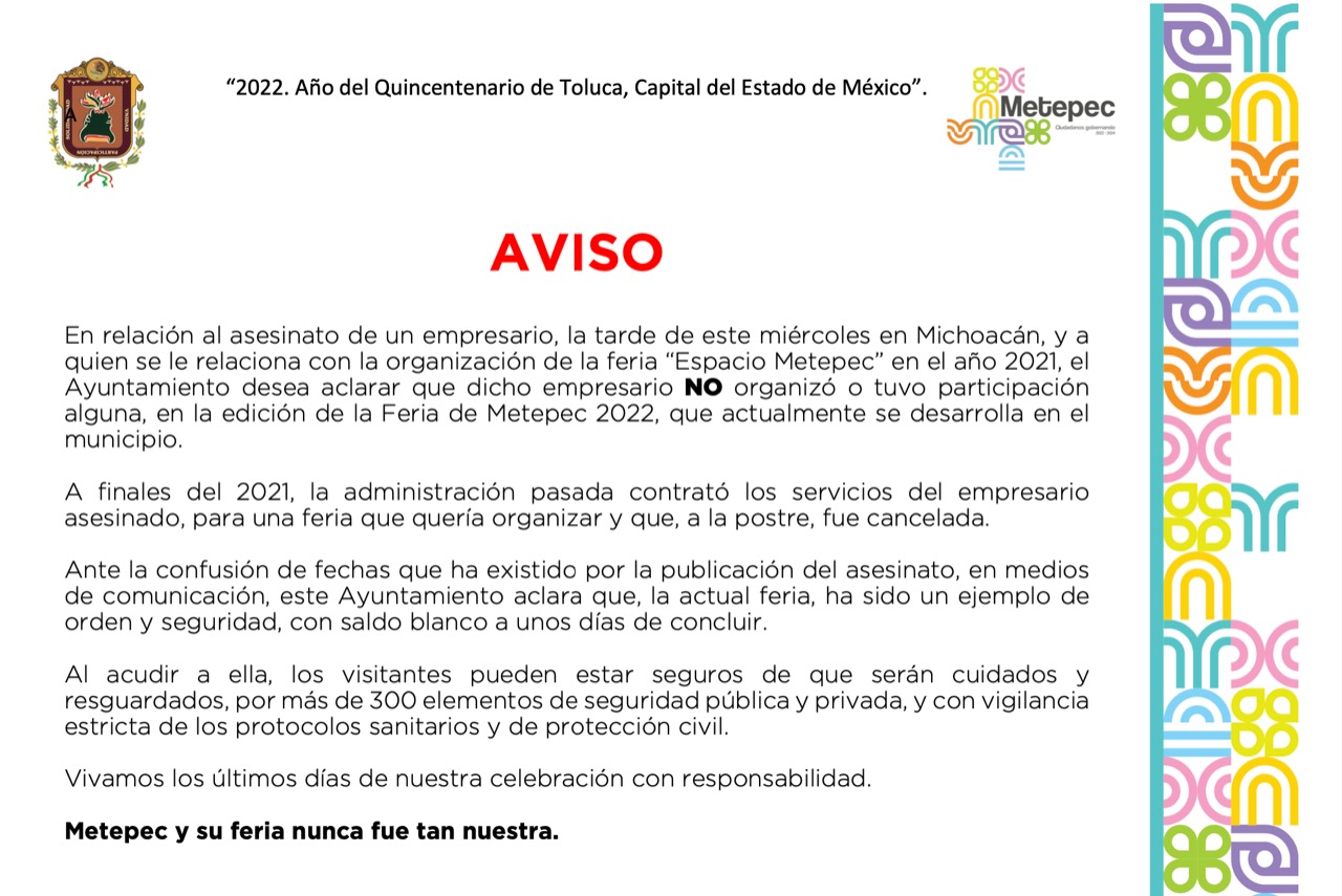 AVISO pinta su raya Metepec con empresario asesinado en Michoacán 18 de mayo de 2022