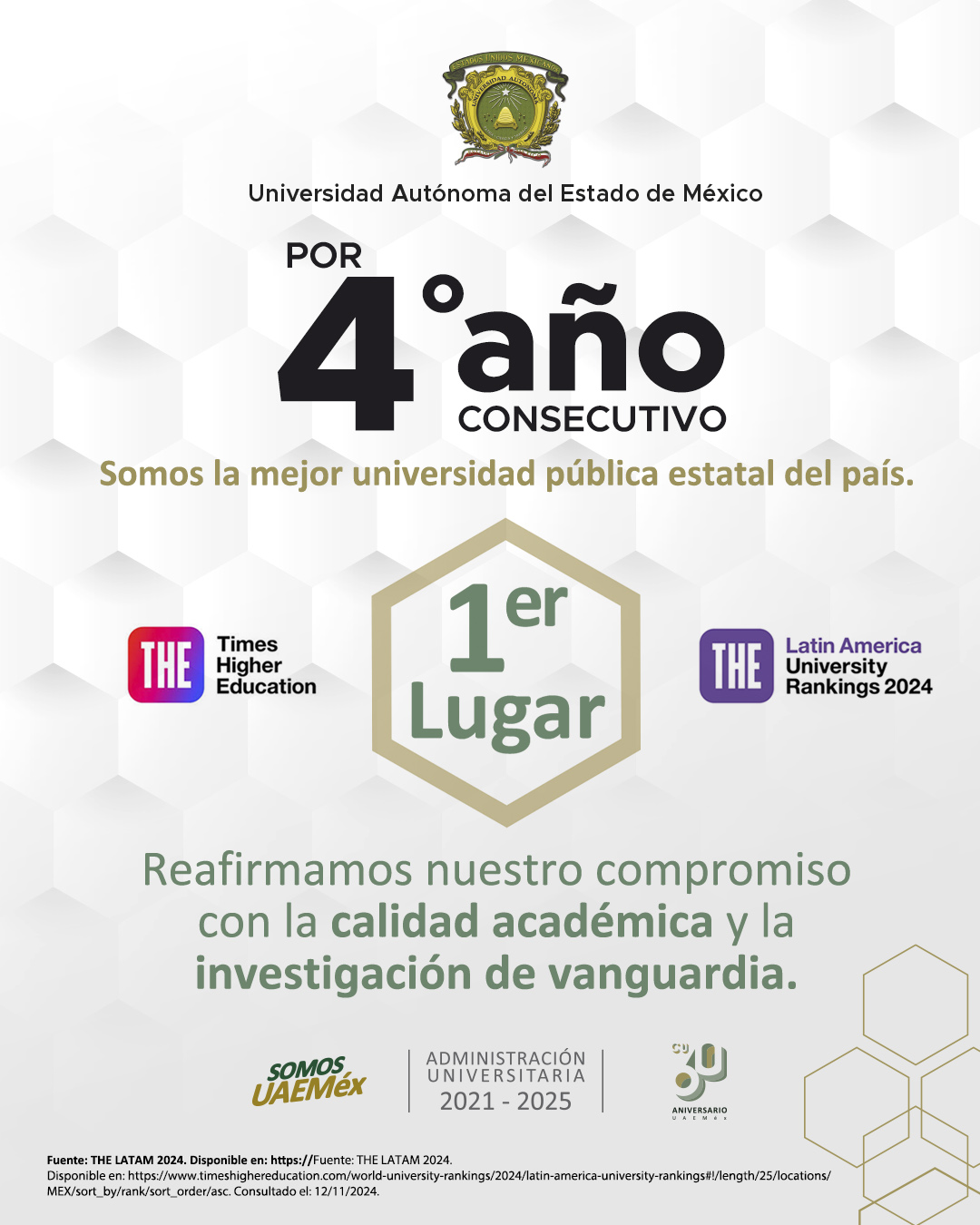 Consolida la UAEMéx su lugar como la mejor universidad pública estatal de México
