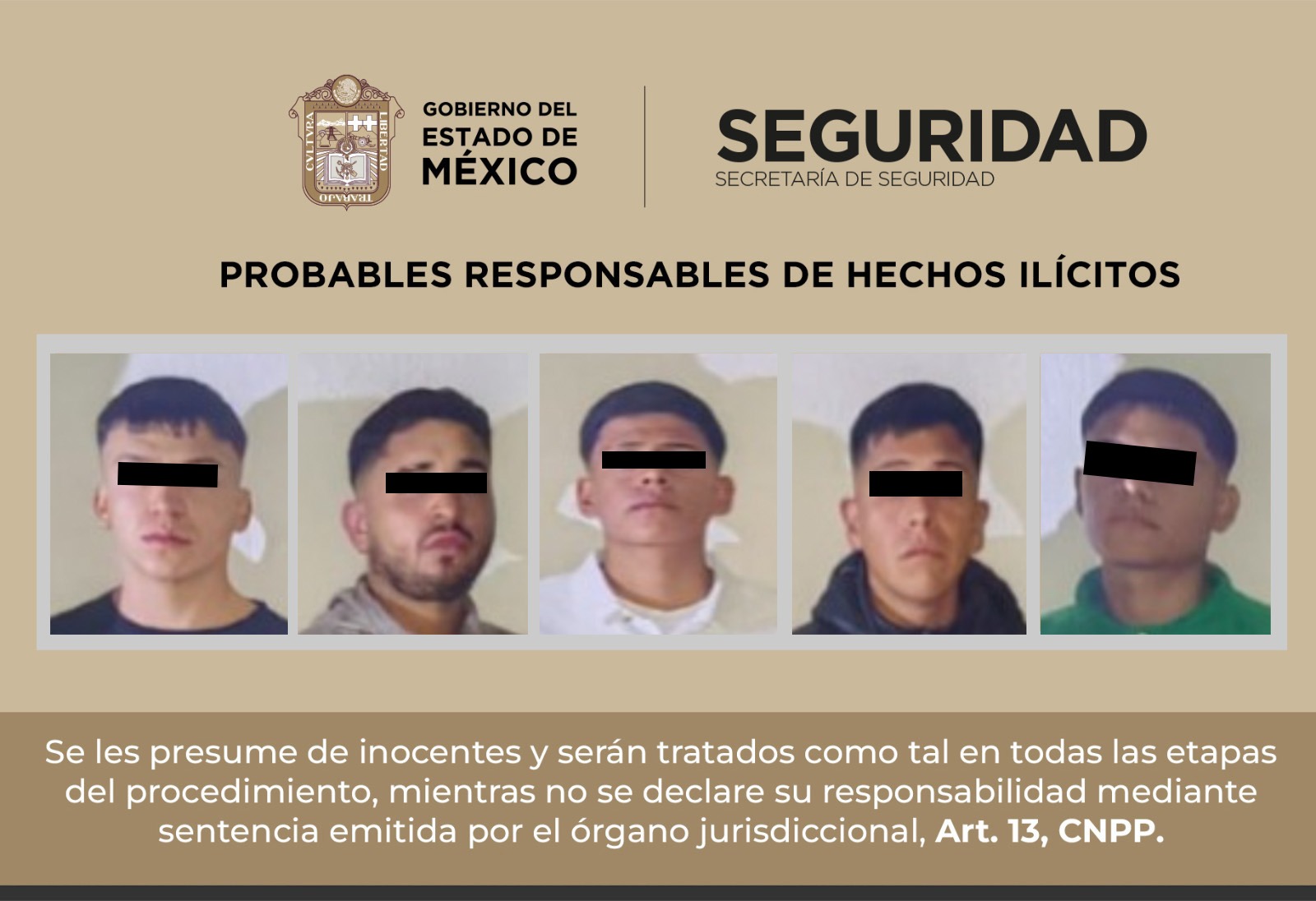 elementos de la Secretaría de Seguridad del Estado de México (SSEM) detuvieron a cinco sujetos probablemente involucrados en delitos contra la salud